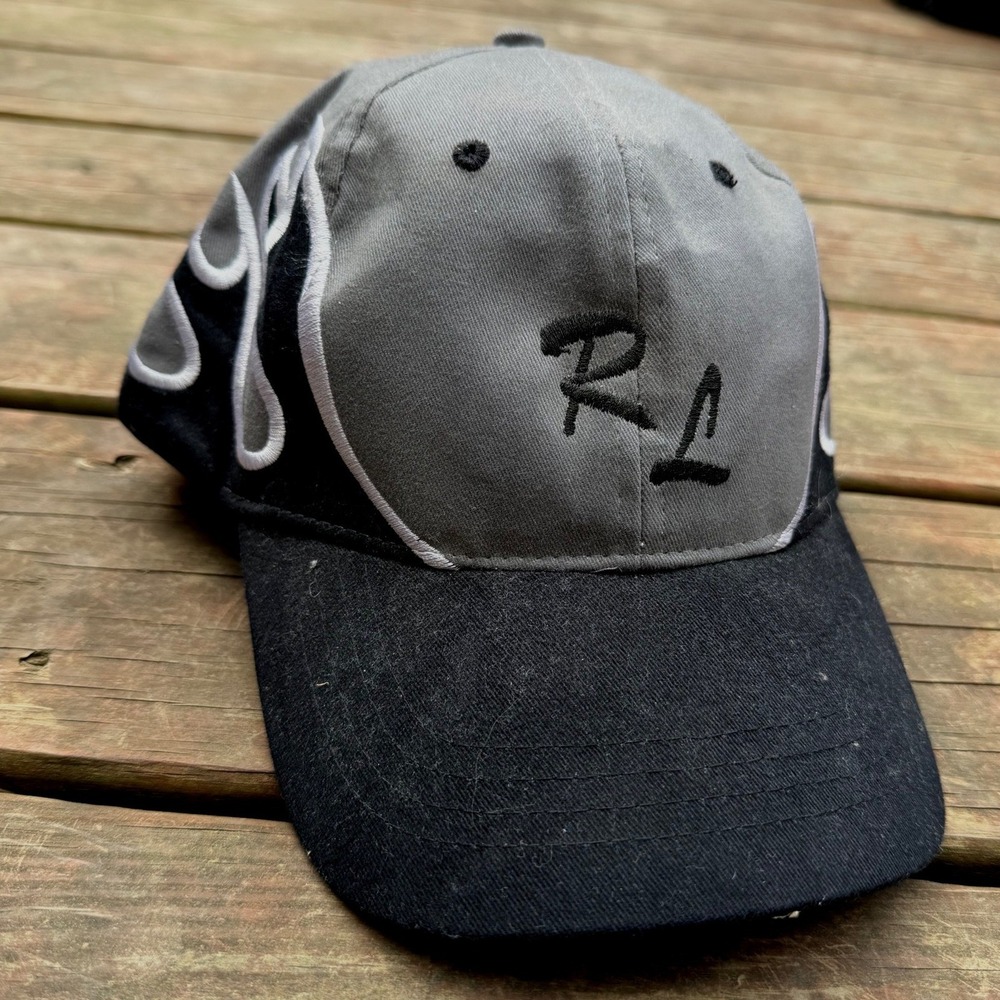 HeadShot RL Flame Embroidered Baseball Cap Hat Grey Black Adjustable Y2K Style